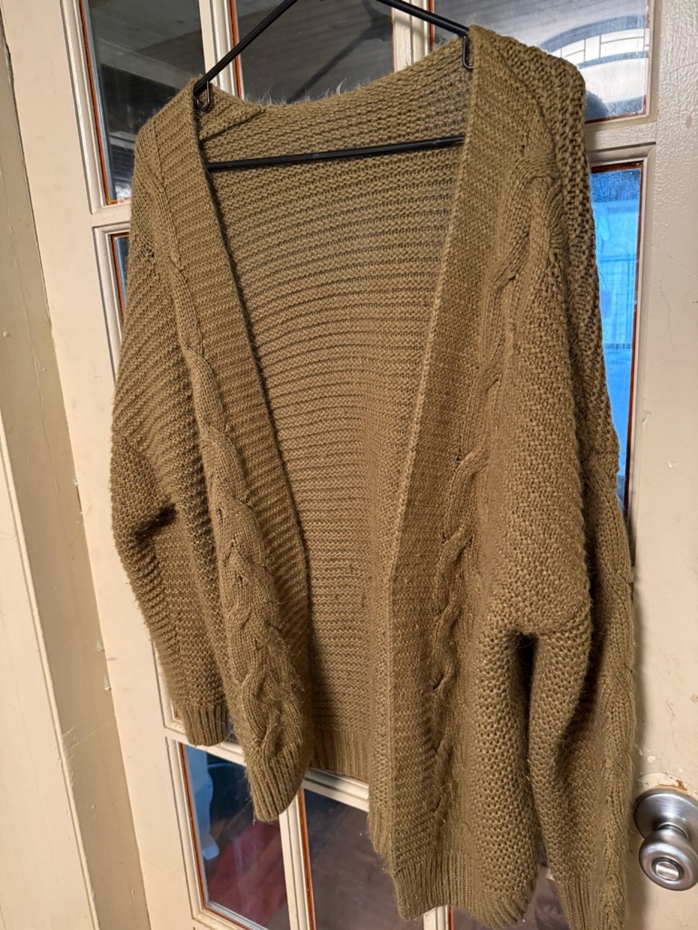 Oversized Open-Front Cable Knit Women’s Sweater Cardigan - Olive - Picture 2 of 8